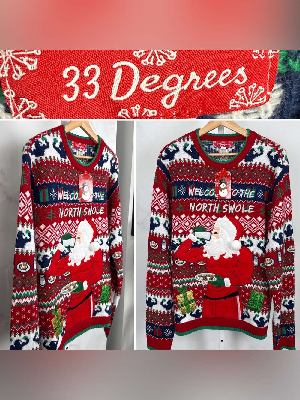 33 Degrees Men’s Christmas Welcome To The North Swole Party Sweater Sz L NEW $48